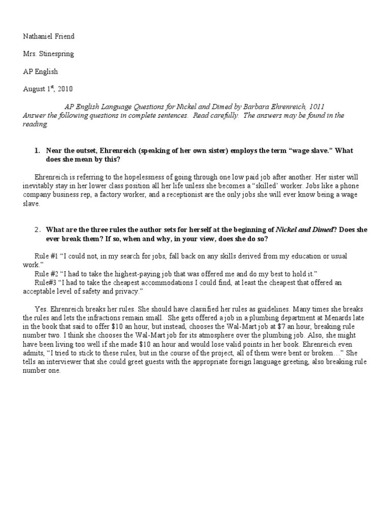 Answers For Nickel and Dimed by Barbara Ehrenreich PDF Working Poor