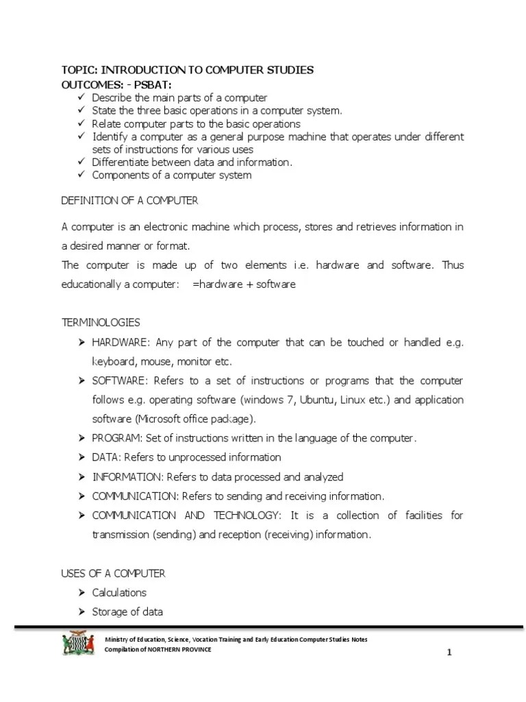 Grade 8 Computer Studies Notes Computer Data Storage Input/Output