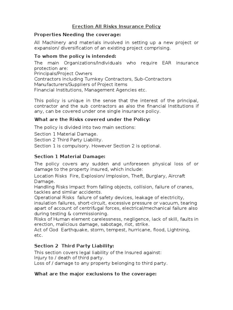 CAR and EAR Brief Writeup Liability Insurance Insurance