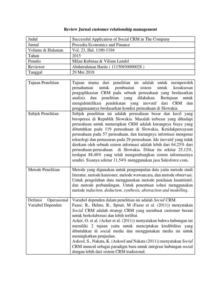 Review Jurnal Customer Relationship Management ( CRM )