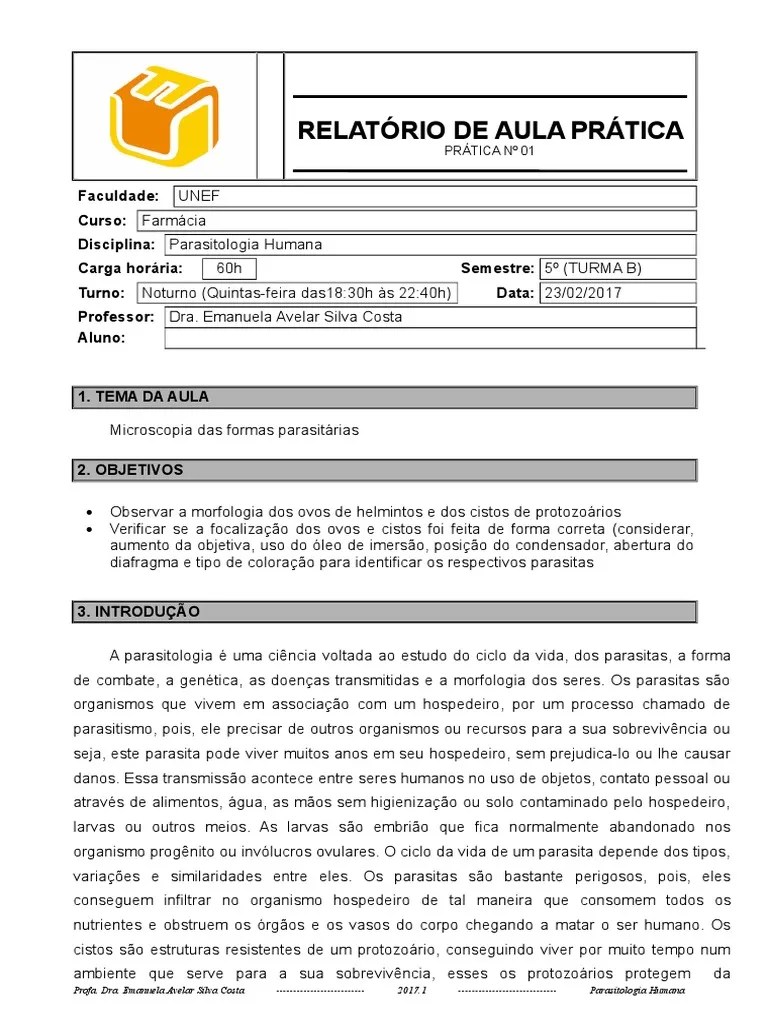Relatório de Aula Prática Parasitologia Bemestar Natureza