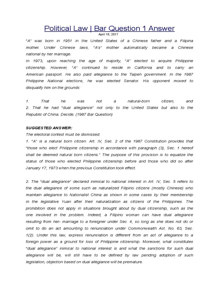 Political Law Bar Question 1 Answer PDF Naturalization Citizenship