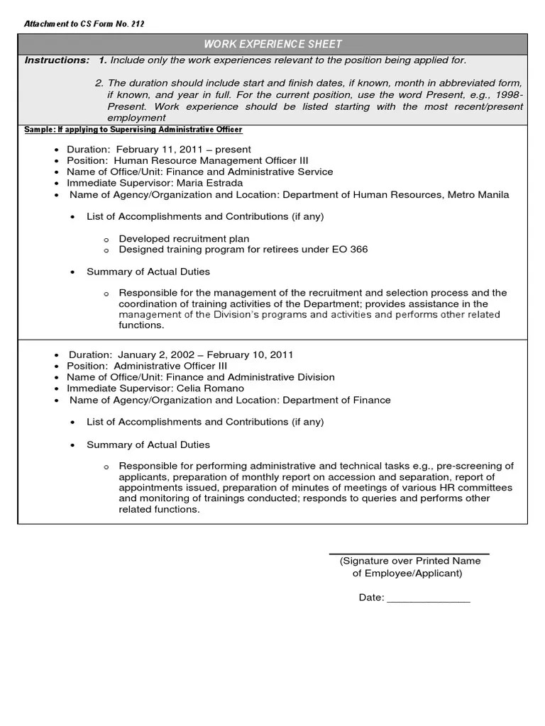 CS Form No. 212 Attachment - Work Experience Sheet | Human Resource