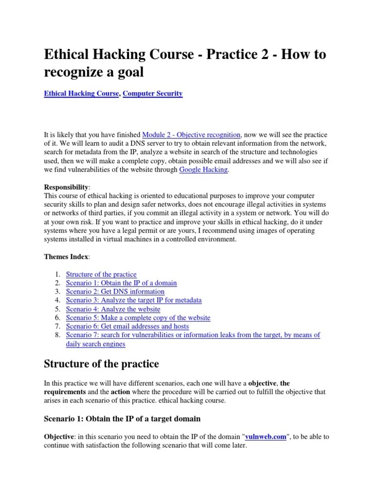 Ethical Hacking Course - Practice 2 - How To Recognize A Goal | PDF