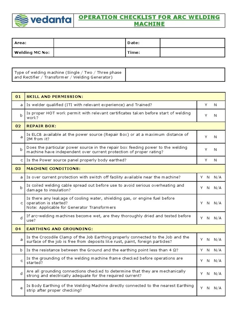 Welding Machine Operation Checklist Welding Construction