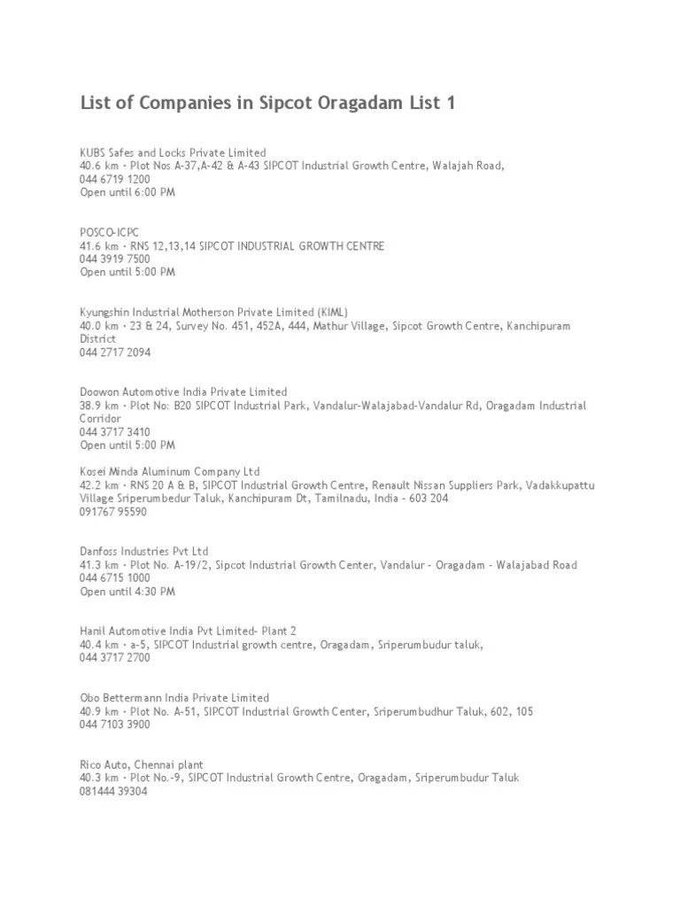List of Companies in Sipcot Oragadam