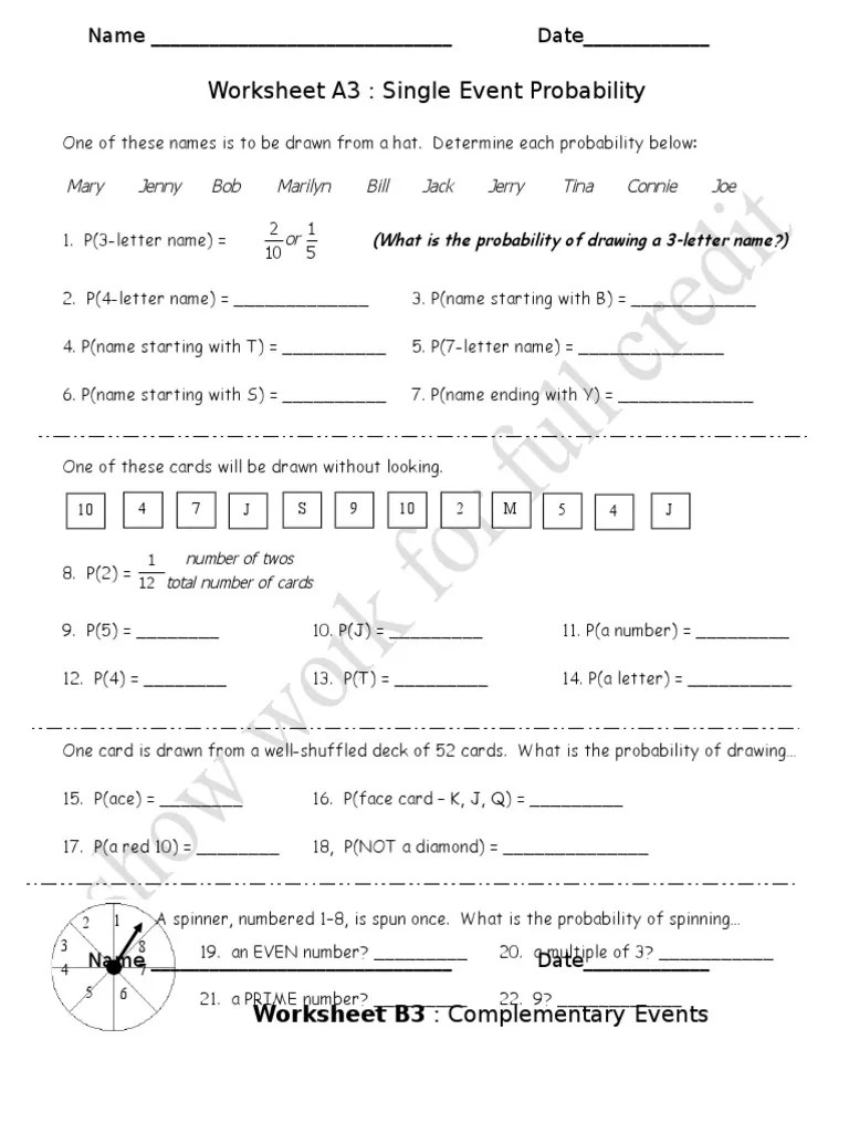 Worksheet Probability | Odds | Probability