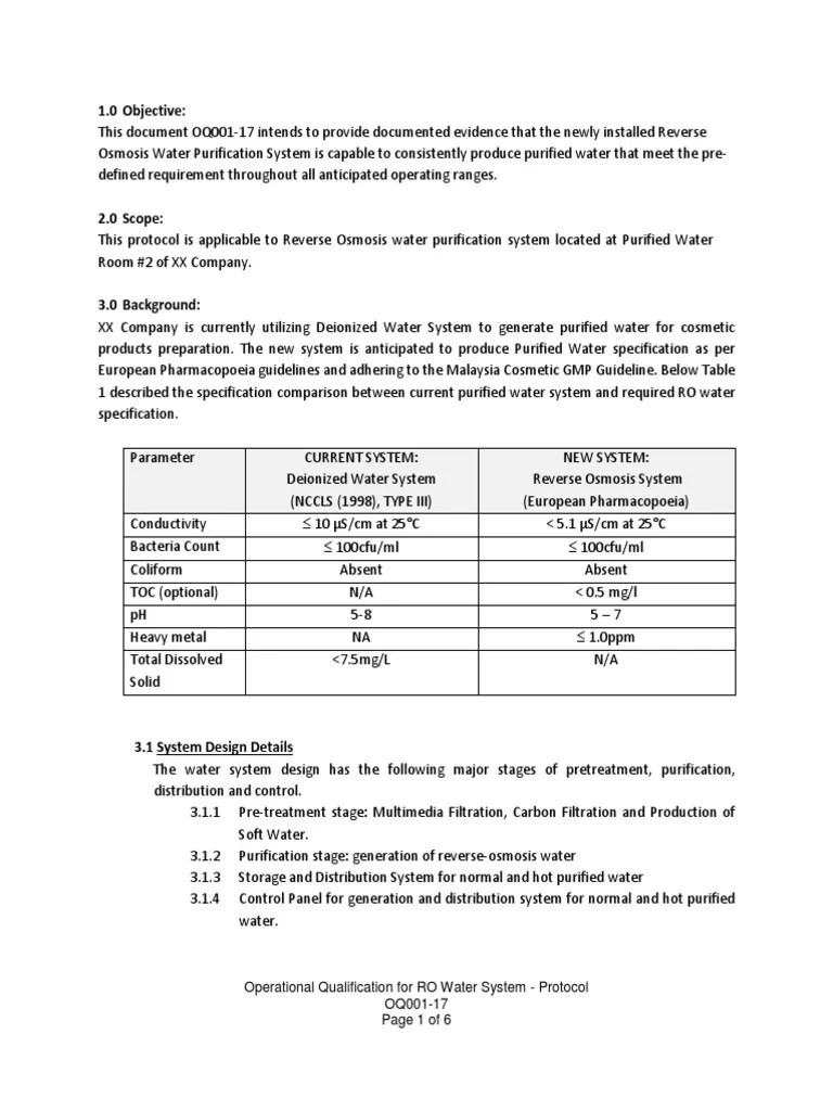OQ Protocol For Purified Water PDF Purified Water Water Purification