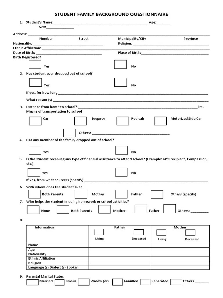 Student Family Background Questionnaire Household