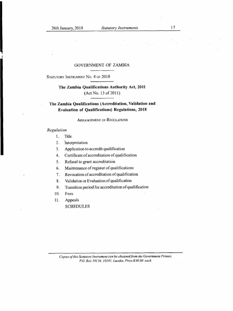 Statutory Instruments 17 The Zambia Qualifications Authority Act, 2011 PDF Verification And