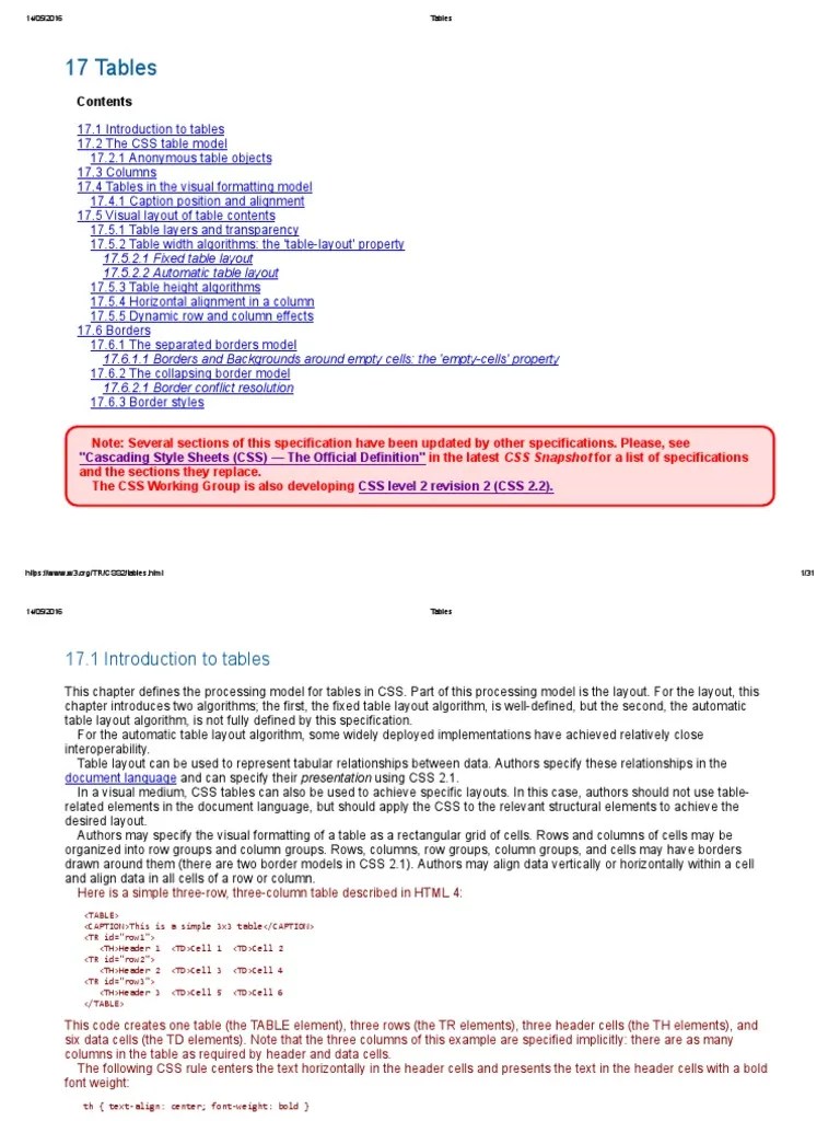 17 Tables 17.5.2.1 Fixed Table Layout 17.5.2.2 Automatic Table Layout