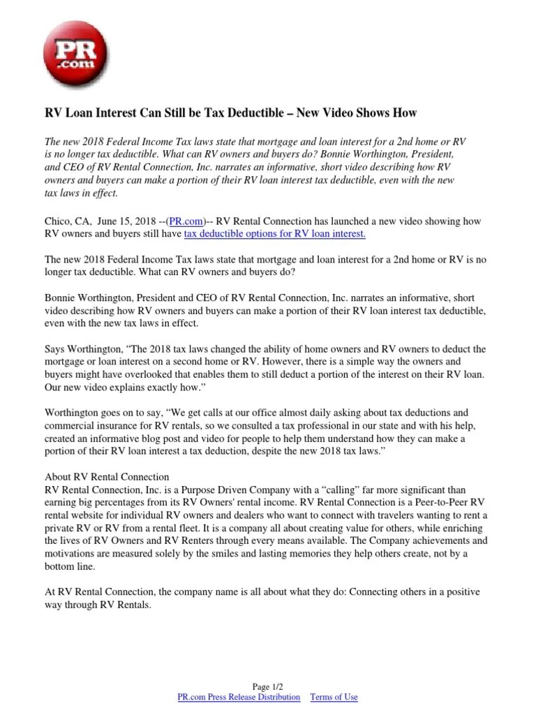 RV Loan Interest Can Still Be Tax Deductible New Video Shows How