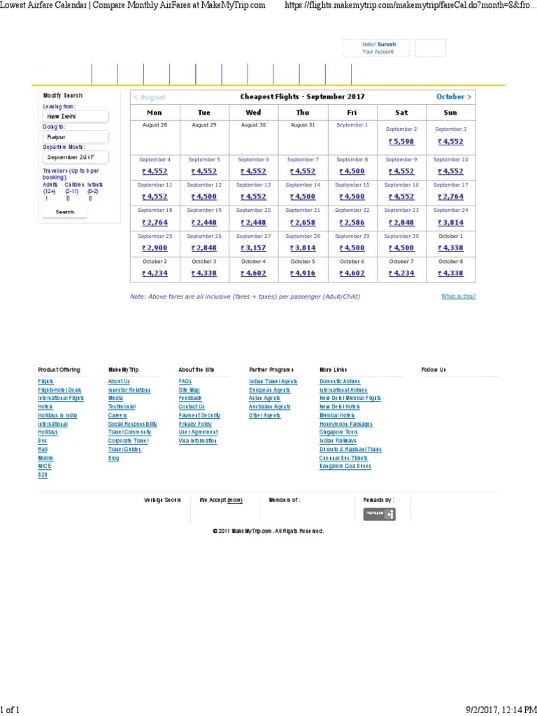 Lowest Airfare Calendar _ Compare Monthly AirFares at MakeMyTrip Fare Bus