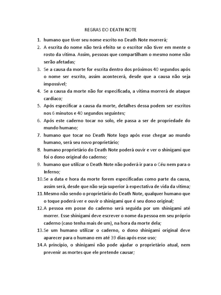 Regras Do Death Note PDF Humano Morte