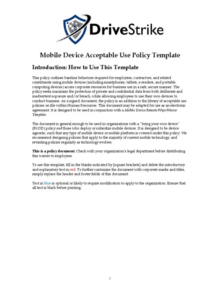 Mobile Device Acceptable Use Policy TEMPLATE Online Safety & Privacy