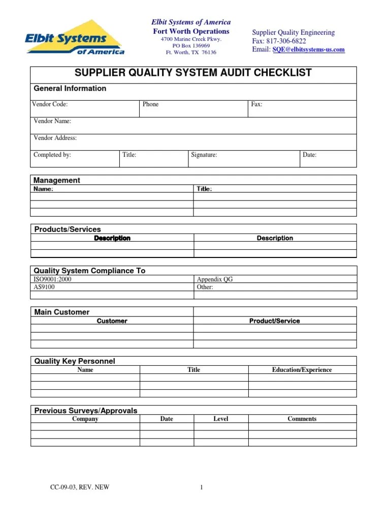 Supplier Quality System Audit Checklist Specification (Technical