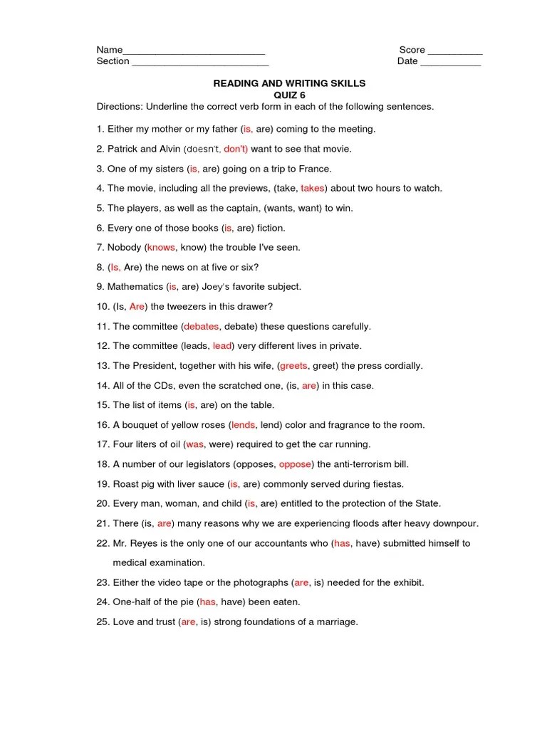 Reading and Writing Quiz 6 PDF