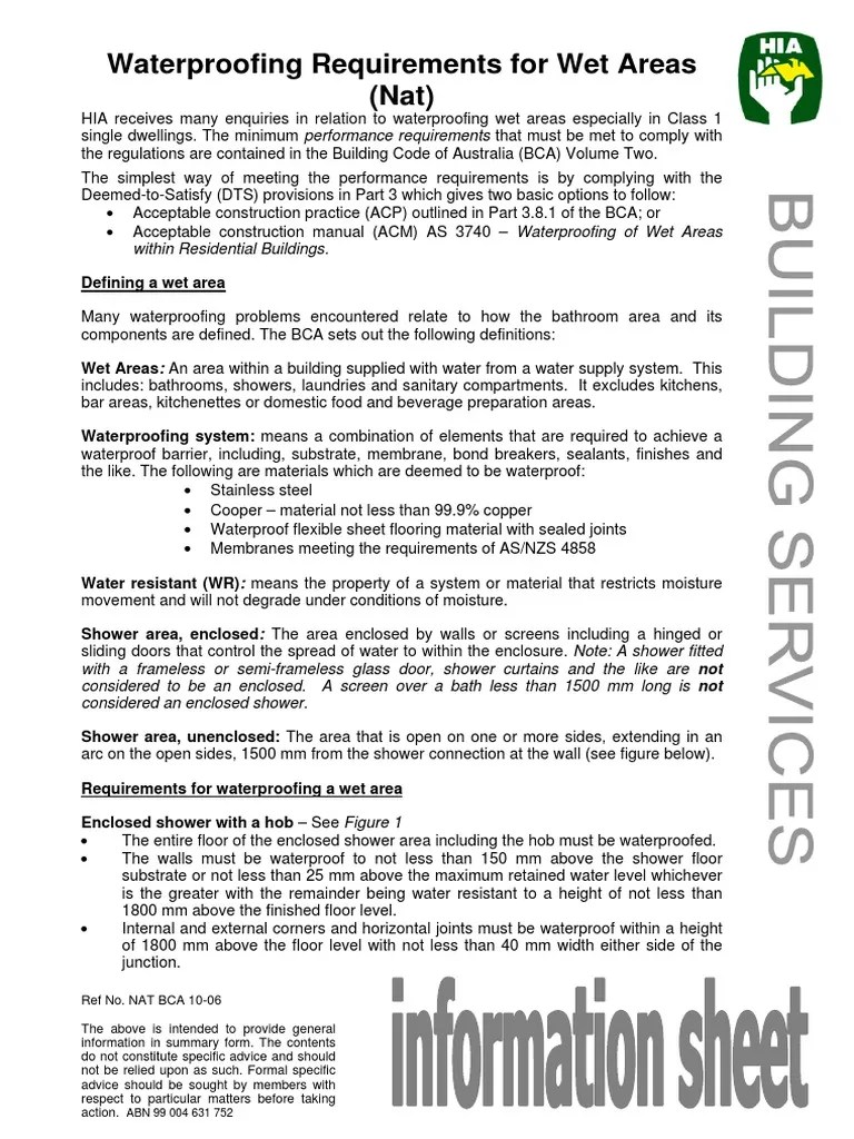 NAT BCA 1006 Waterproofing Requirements for Wet Areas Shower Wall