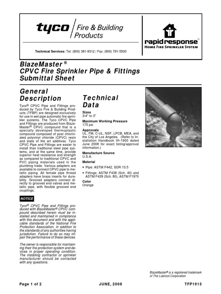 Blazemaster CPVC Fire Sprinkler Pipe & Fittings Submittal Sheet PDF
