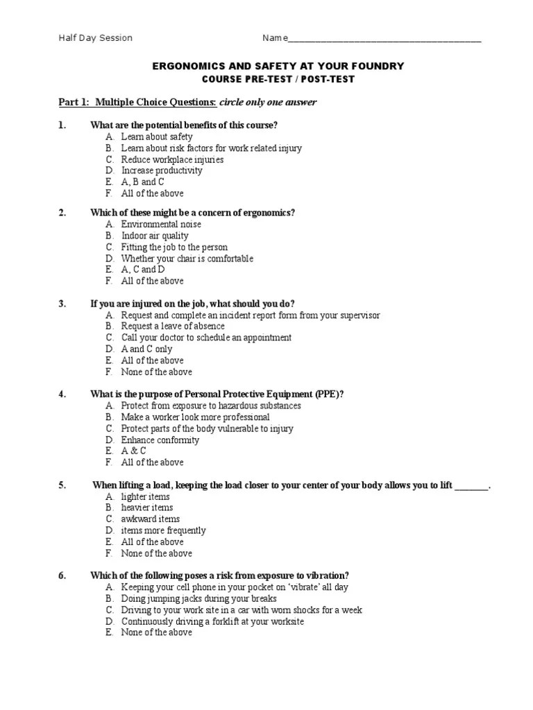 Ergonomics Test Questions Halfday PDF Human Factors And Ergonomics