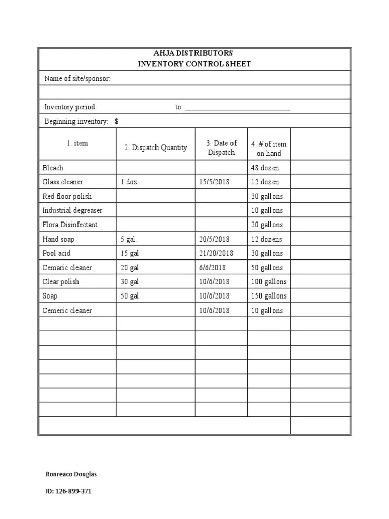 Monthly Inventory Control Sheet PDF