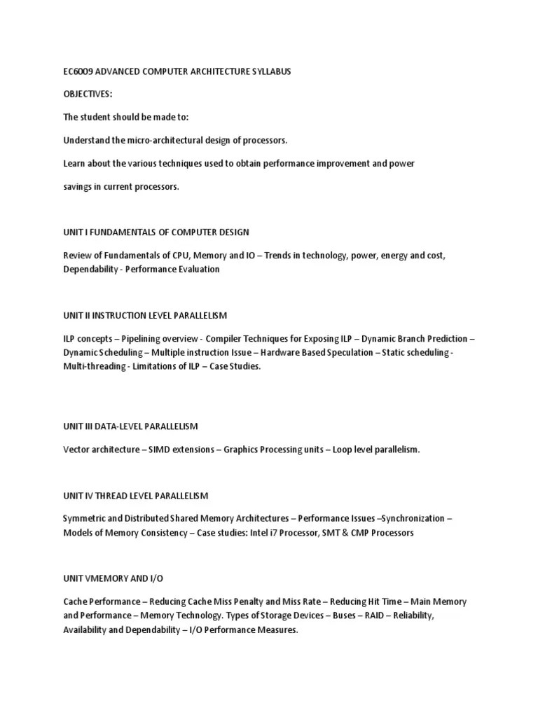 Ec6009 Advanced Computer Architecture Syllabus Parallel Computing