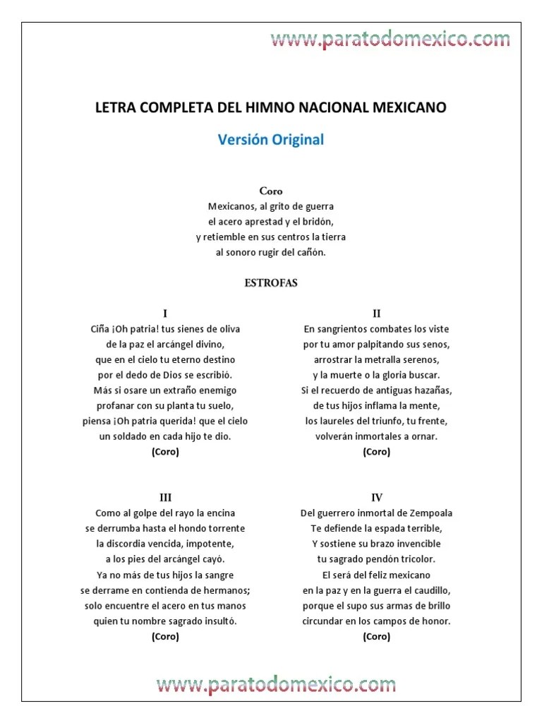 Letra Completa Del Himno Nacional Mexicano Version Original PDF