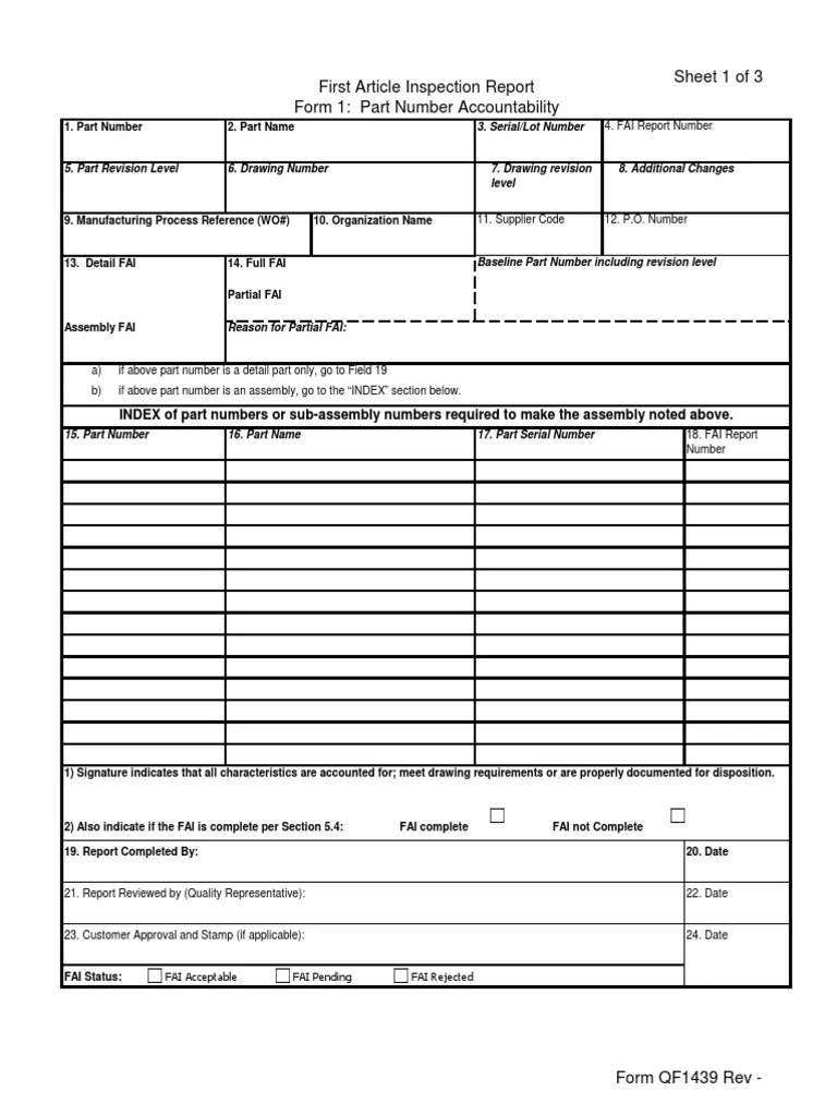 Sheet 1 of 3 First Article Inspection Report Form 1 Part Number