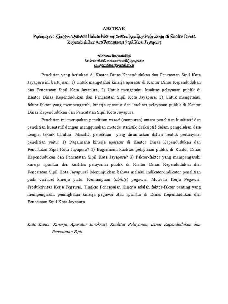Pentingnya Kinerja Aparatur Dalam Meningkatkan Kualitas Pelayanan Di Kantor  Dinas Kependudukan Dan Pencatatan Sipil Kota Jayapura | PDF