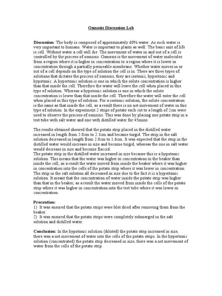 Osmosis Discussion Lab PDF Osmosis Organisms