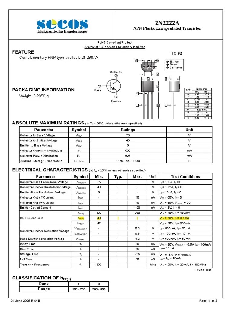 Data Sheet 2n2222 Bipolar Junction Transistor Semiconductors