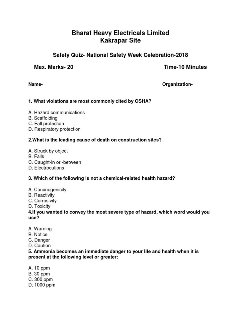 Safety Quiz Question Occupational Safety And Health Safety