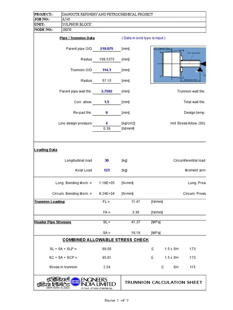 Trunnion Calculation Sheet PDF Mechanical Engineering Physical