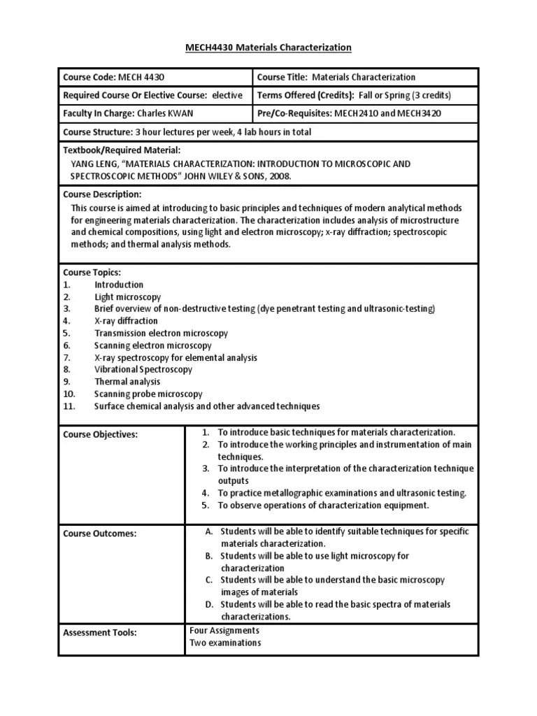 MECH4430 Materials Characterization PDF Microscopy Electron