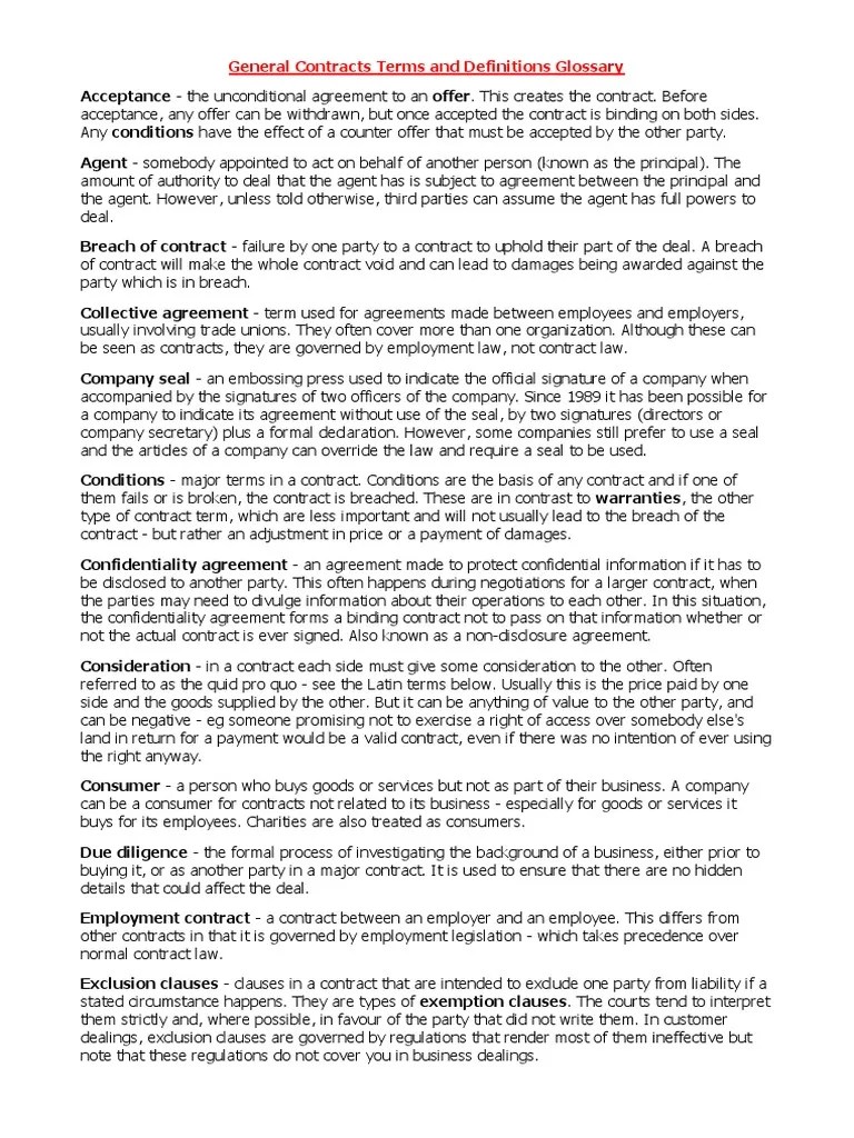 General Contracts Terms and Definitions Glossary Contractual Term