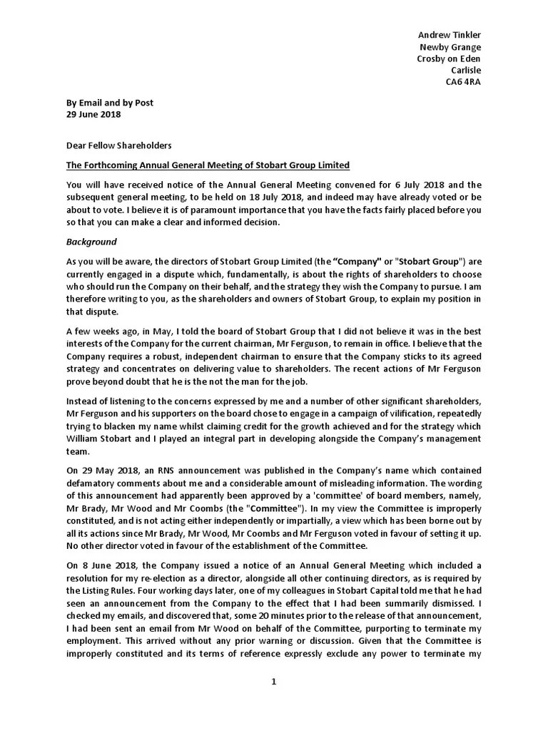 Letter to Shareholders 29 June 2018 Board Of Directors Committee