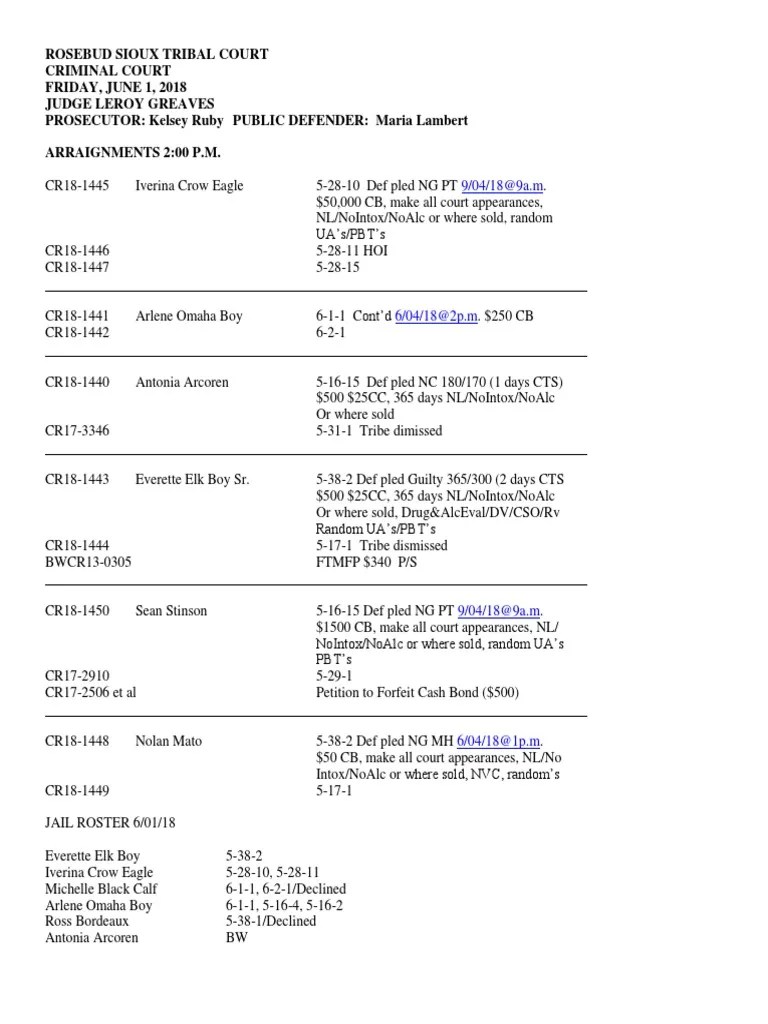 June 2018 Rosebud Sioux Tribal Court Adult Arraignments