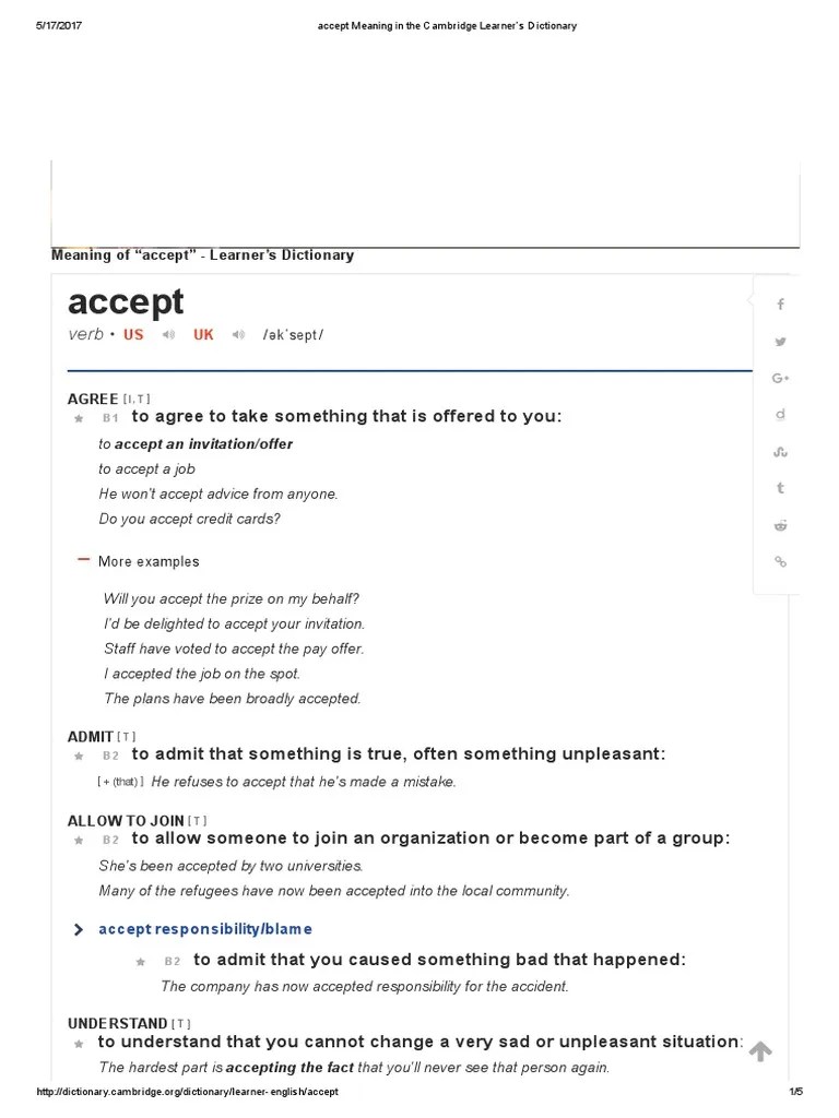 Accept Meaning in The Cambridge Learner's Dictionary PDF Noun Verb