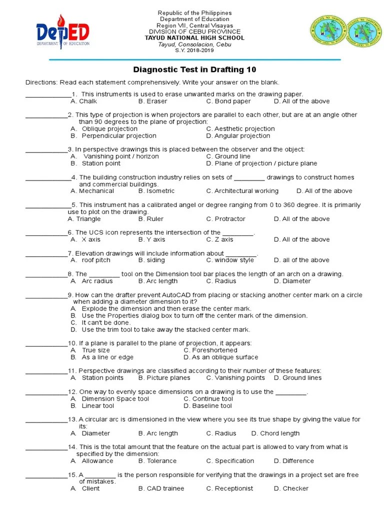 Drafting Test Questions Tle 10 Technical Drawing Drawing