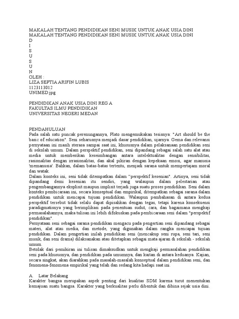 Makalah Tentang Pendidikan Seni Musik Untuk Anak Usia Dini | PDF