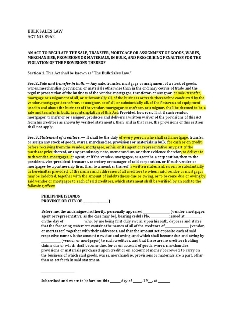 Bulk Sales Law PDF Mortgage Law Assignment (Law)