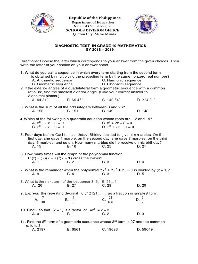 Math 10 Diagnostic Test 2018 2019 Download Free PDF Polynomial Ratio
