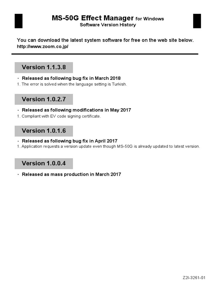MS50G Effect Manager Version History Tracking Updates, Bug Fixes, and