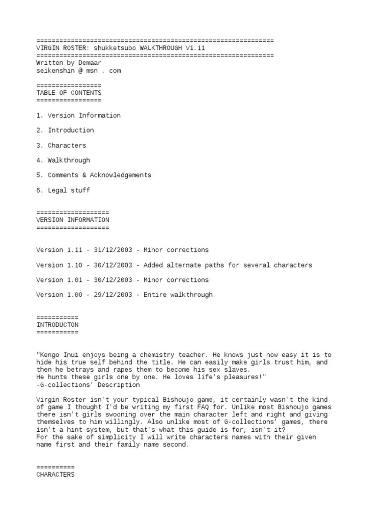 Virgin Roster Shukketsubo Strategy Guide