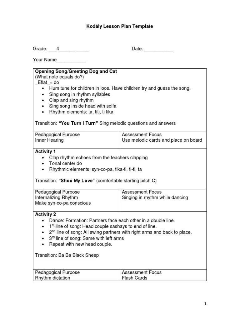 Kodály Lesson Plan Template ST ND RD PDF Rhythm Musical Compositions