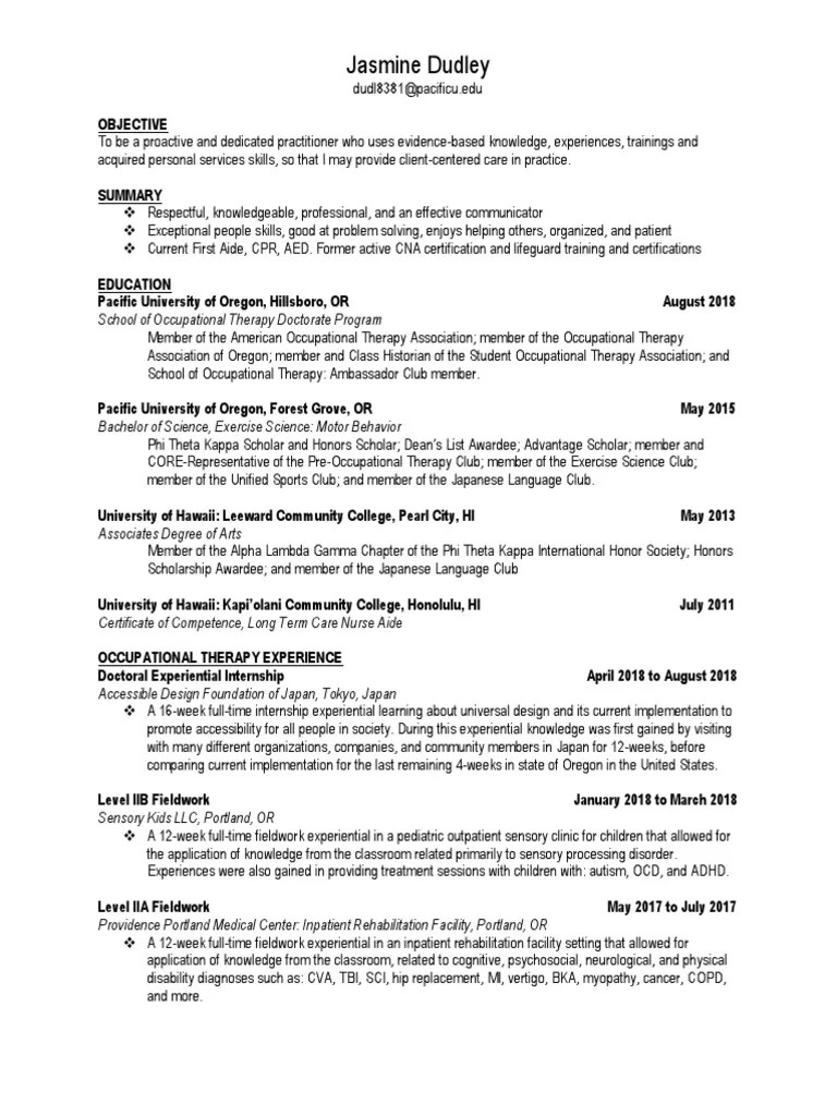 Jasmine Dudley Resume PDF Physical Therapy Medical Specialties