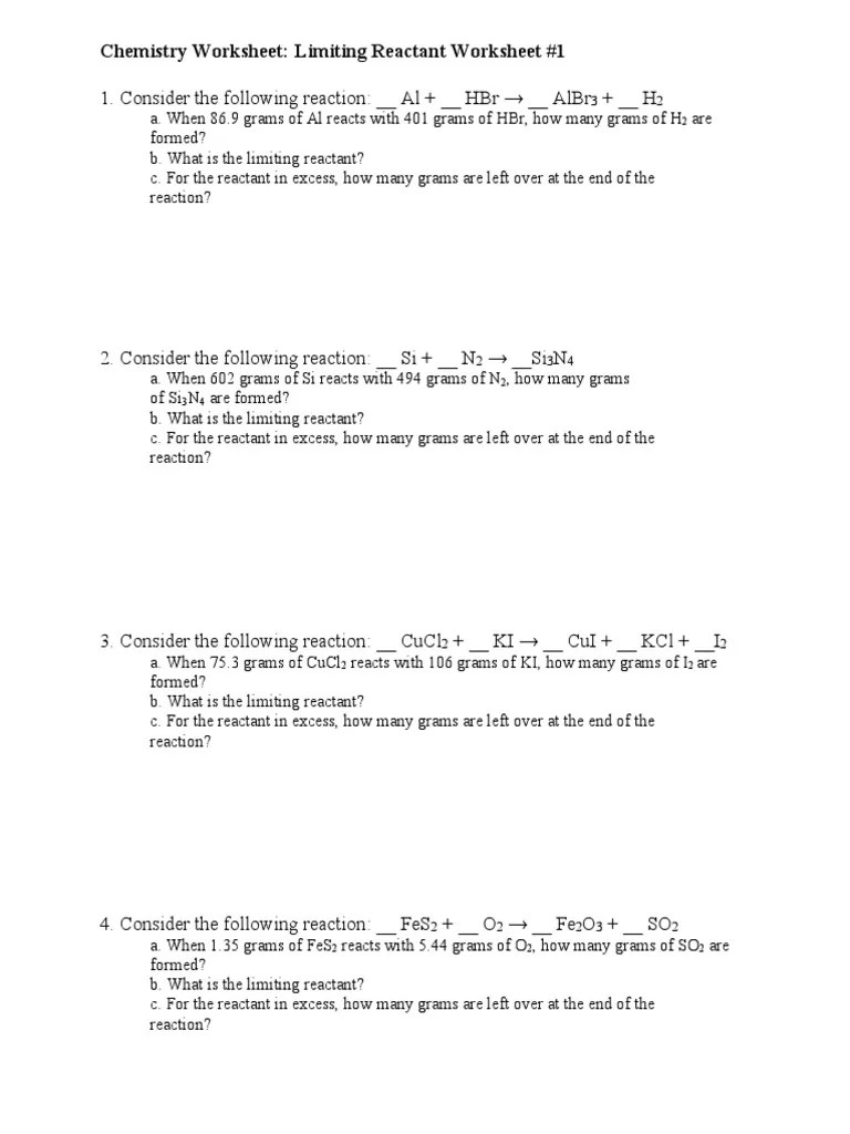 Limiting Reactants Worksheet Chemical Reactions Nitrate
