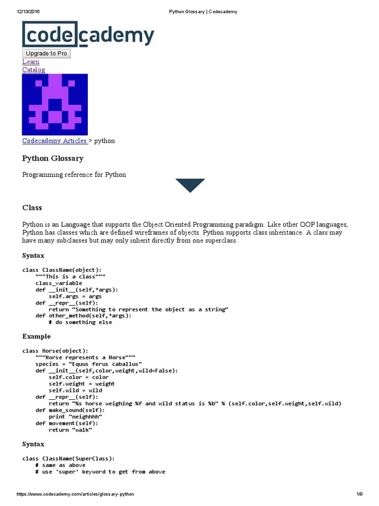 Python Glossary Codecademy PDF Control Flow Inheritance (Object