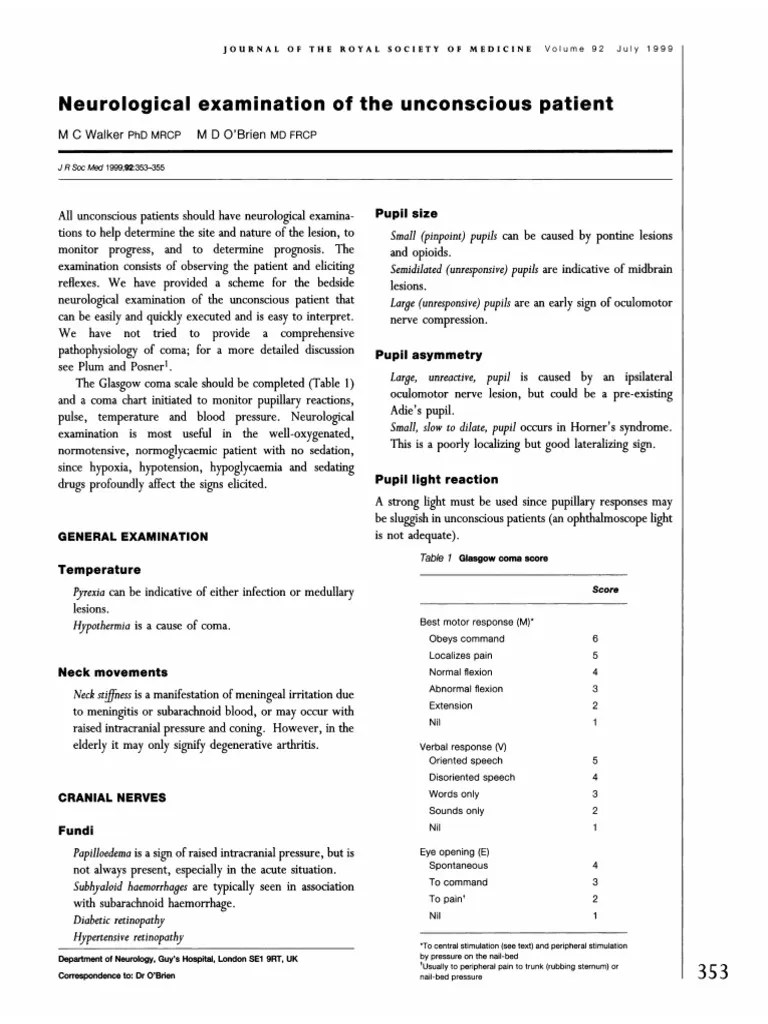 Neurological Examination of The Unconscious Patient PDF Coma