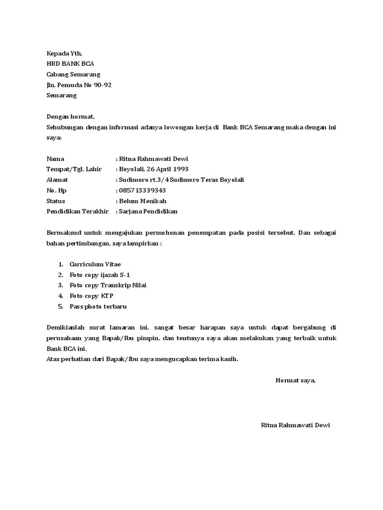 Surat Lamaran Pekerjaan Bank | PDF